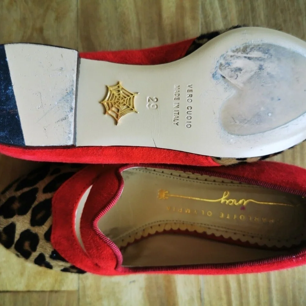 Charlotte Olympia Girls Red Pony Hair Leather Ballet Flats Leopard US11